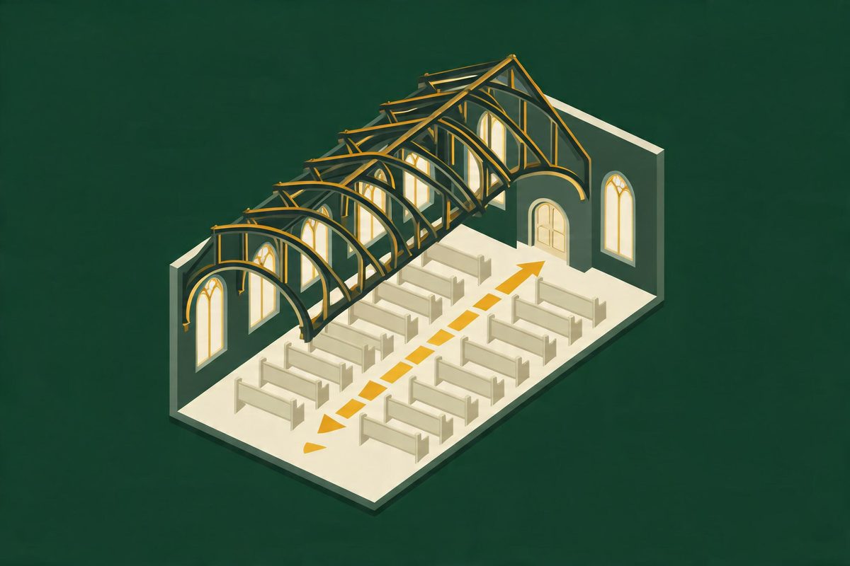 Isometric cutaway illustration of a parish church nave showing the timber roof structure, arched windows, pews and a marked escape route to a side exit.