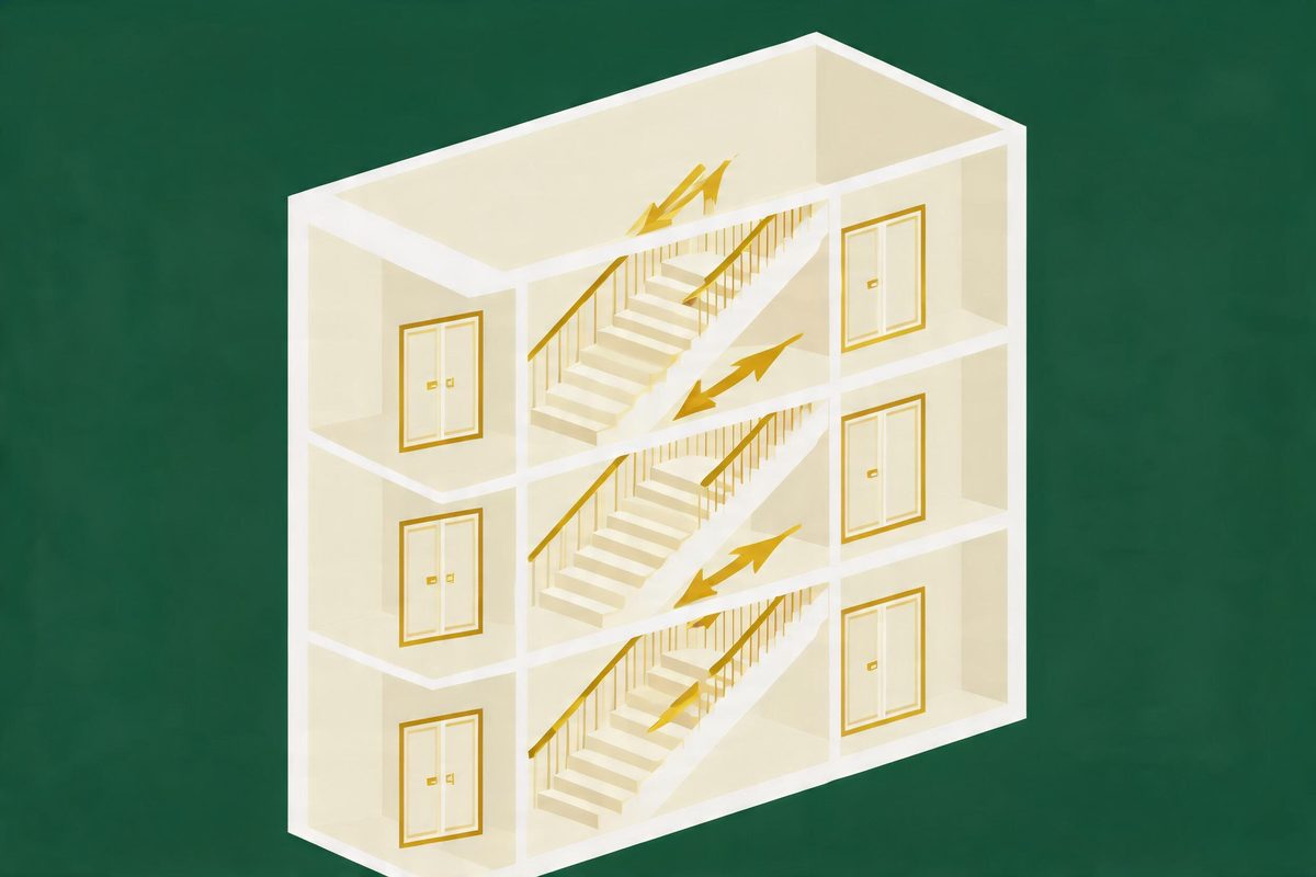 Isometric cutaway illustration of a UK apartment building showing the protected staircase, fire doors and escape routes that a Responsible Person must keep compliant.
